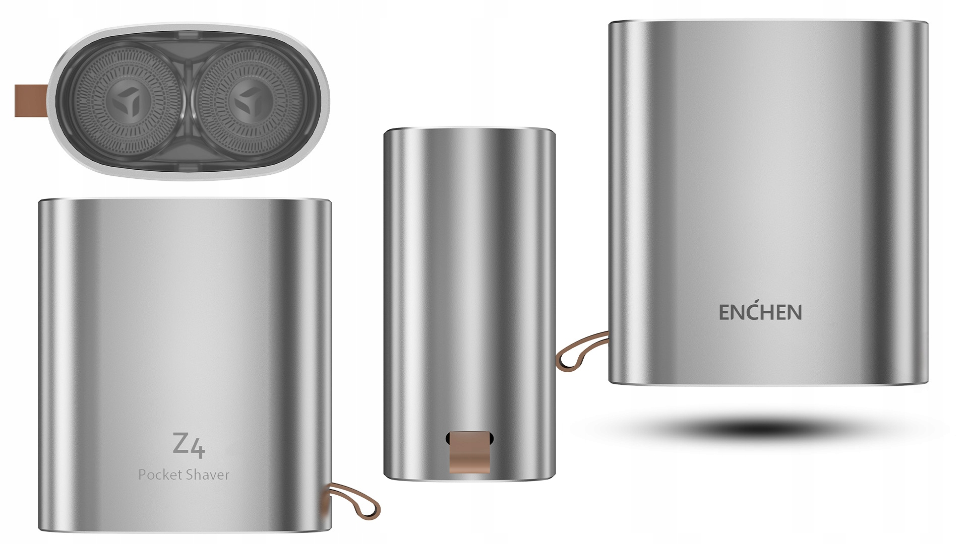 Zdjęcia produktu srebrnej golarki elektrycznej. Zawiera widok z góry na głowice golące i różne widoki z boku.