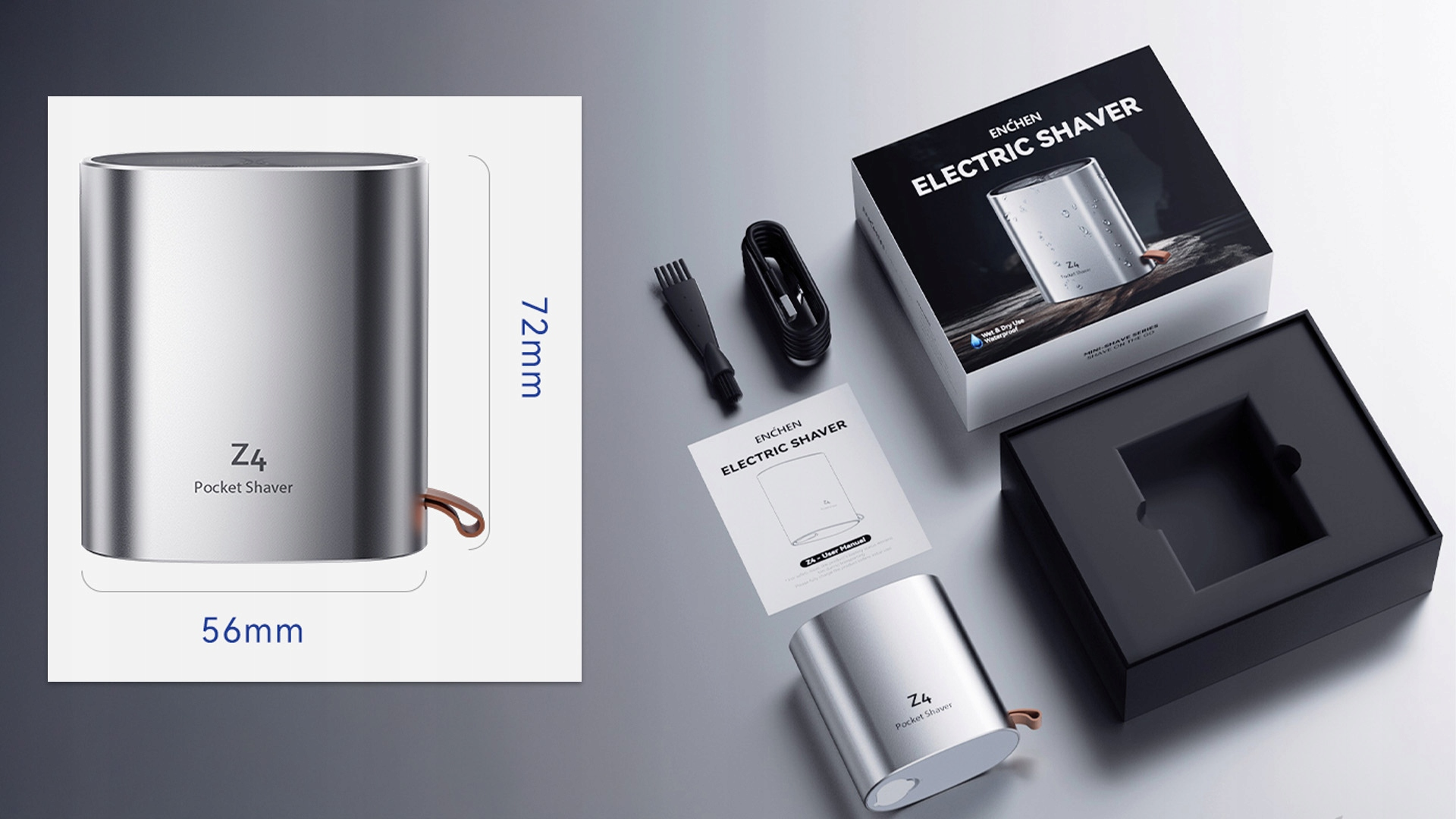 Srebrna golarka kieszonkowa ENCHEN Z4 z pudełkiem, akcesoriami i instrukcją na odblaskowej powierzchni.