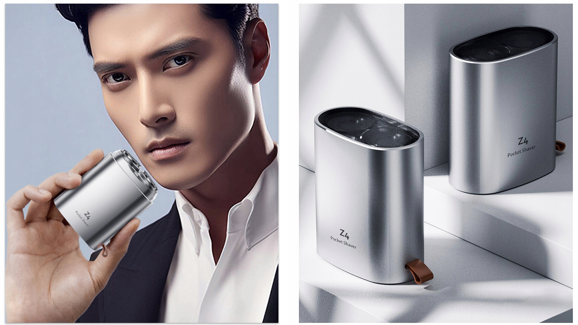 Mężczyzna trzyma srebrną golarkę kieszonkową Z4, a za nim są jeszcze dwie golarki. Mężczyzna ma na sobie białą koszulę i czarną marynarkę.