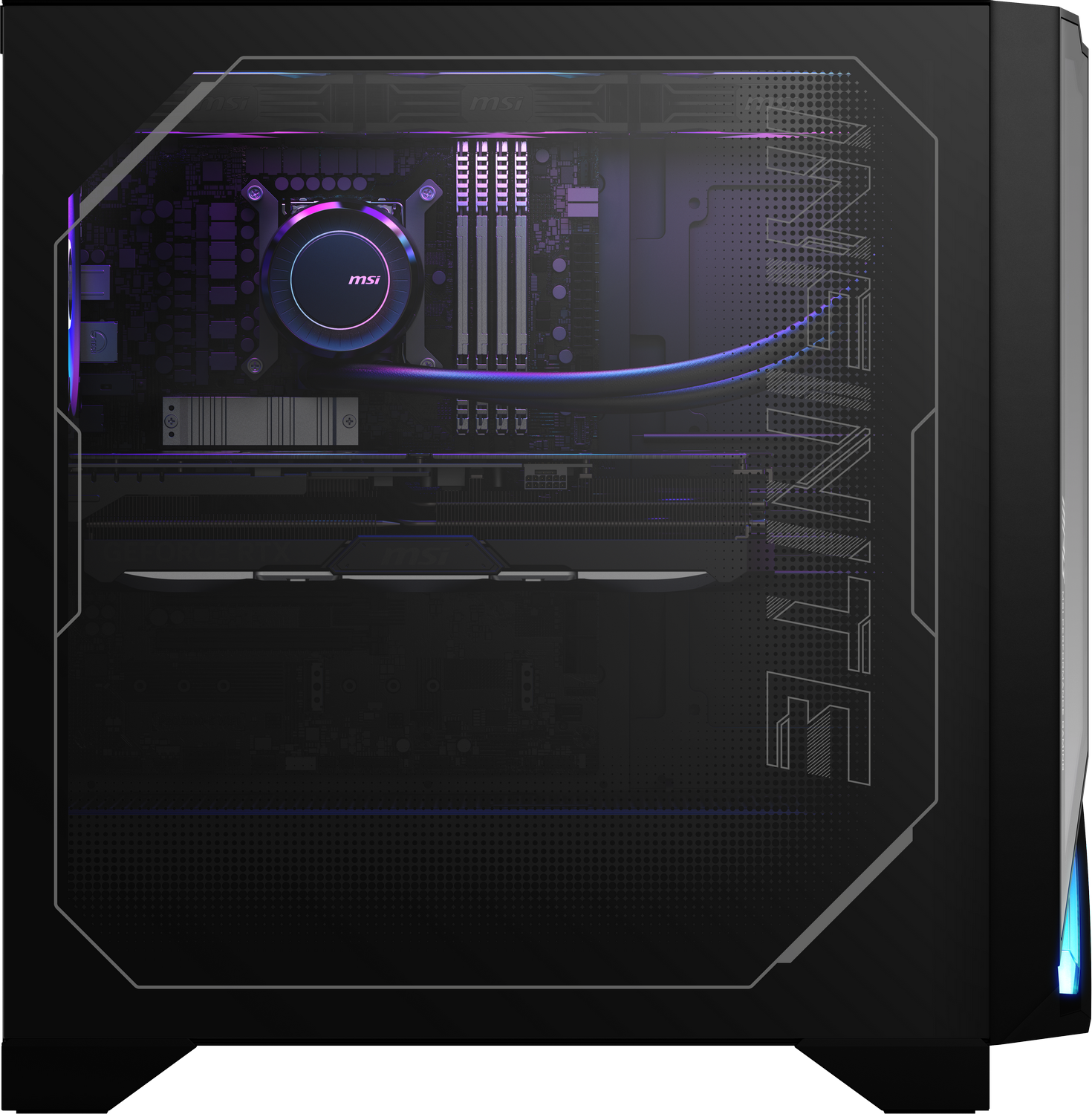 Carcasa de ordenador negra con panel lateral transparente. En el interior, componentes como un refrigerador de CPU con el logotipo de MSI y la placa base son visibles.