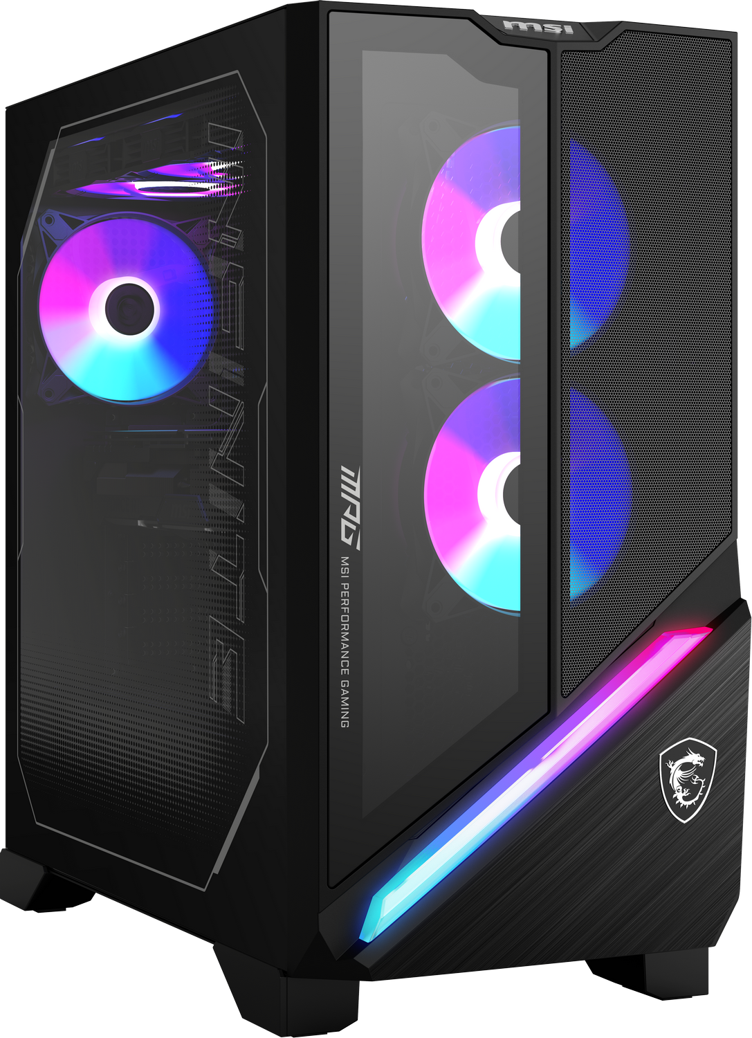 Caja de ordenador MSI con iluminación RGB, incluyendo ventiladores y detalles frontales. Caja negra con panel de vidrio.