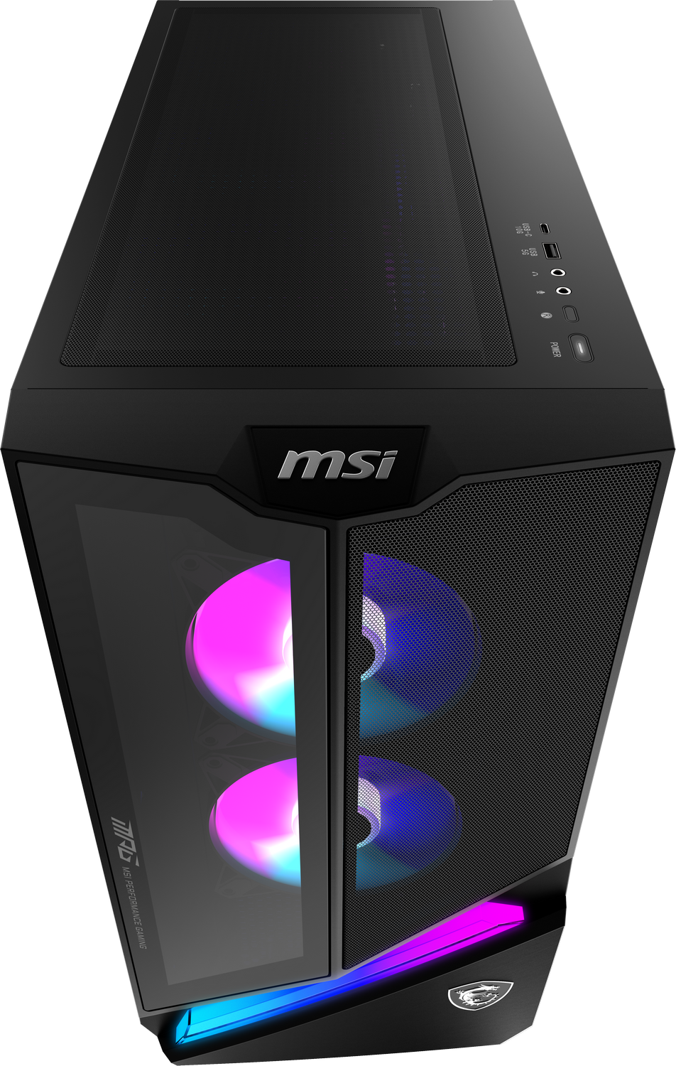 Caja de PC MSI negra con iluminación RGB, ventiladores visibles y logo MSI. Parte superior con puertos y botón de encendido. Logo MSI abajo.