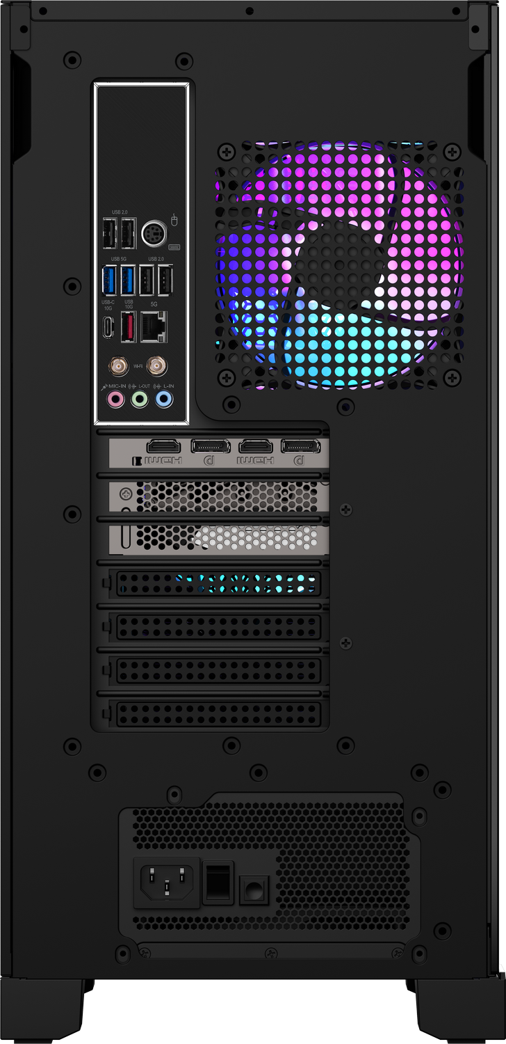 Parte trasera de una caja de computadora negra con puertos, ventilador con luces RGB y conexiones de alimentación. Varios puertos visibles.
