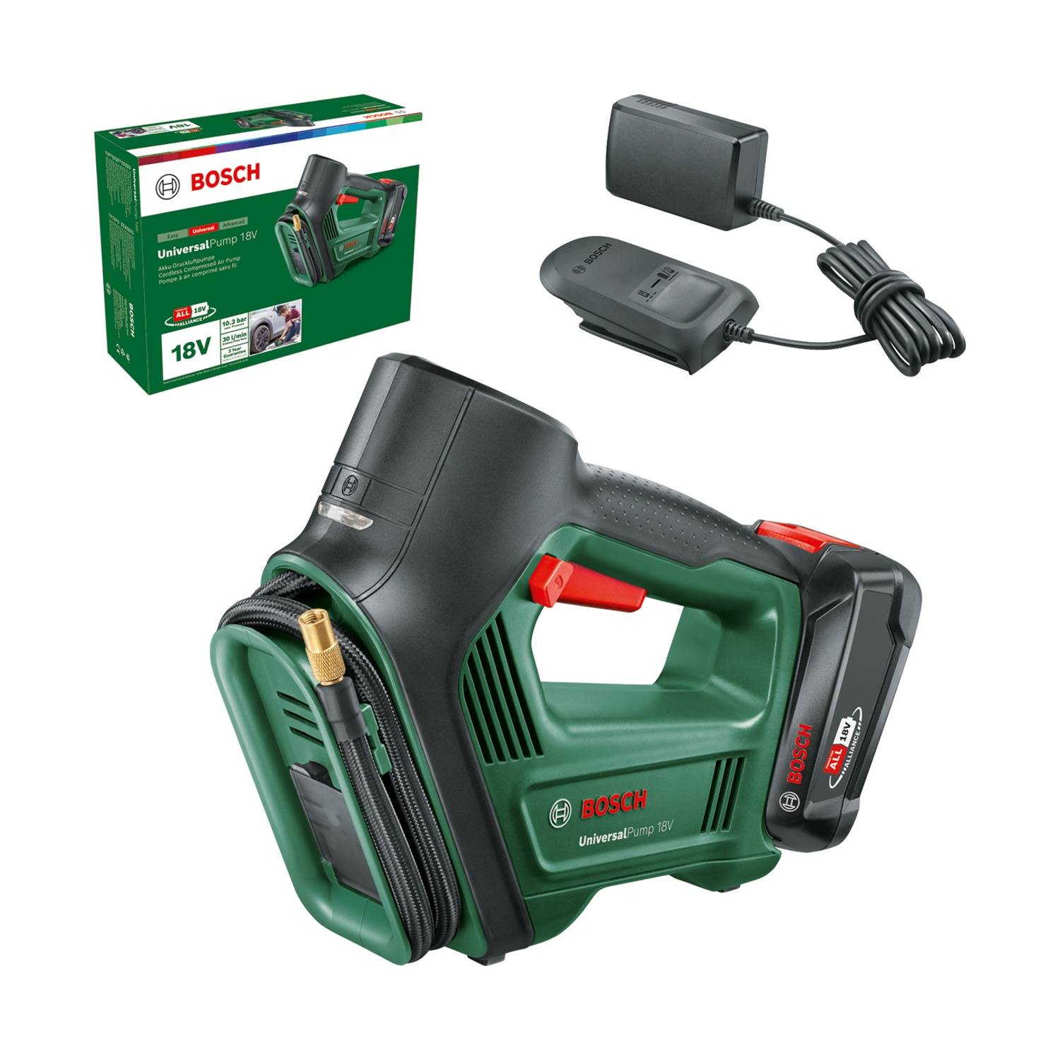 Bosch UniversalPump 18V, pompa ad aria a batteria verde e nera, con caricatore e scatola. La scatola mostra il prodotto.