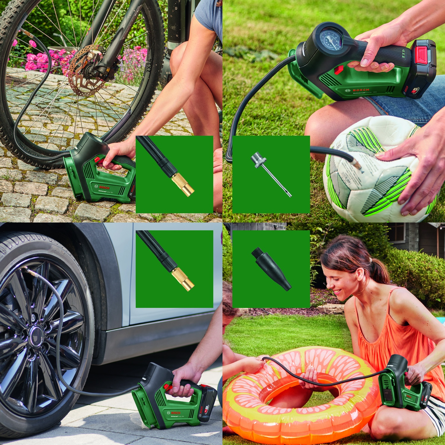 Persone usano una pompa Bosch verde per gonfiare una gomma di bici, un pallone da calcio, un pneumatico auto e un anello gonfiabile.