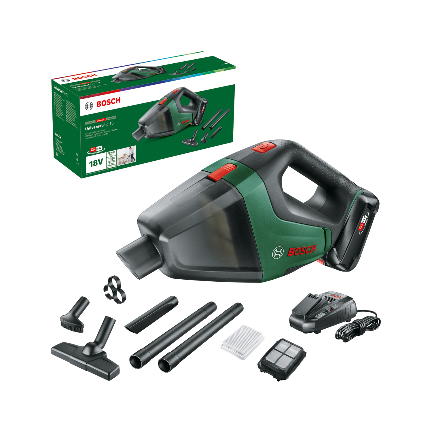 Un aspirapolvere Bosch UniversalVac 18 con accessori e confezione. L'aspirapolvere è nero e verde, con ugelli aggiuntivi.
