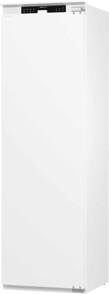 Biała lodówka do zabudowy. Górny panel ma przyciski sterujące i logo Adapttech. Drzwi są czyste i białe.