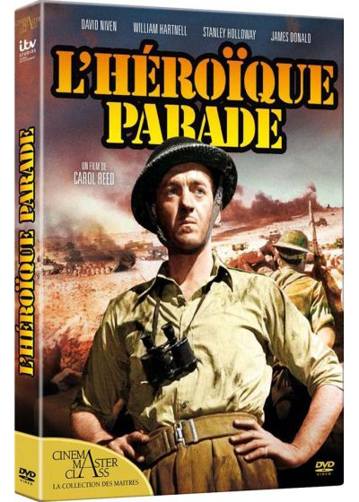 Couverture DVD. Un homme en casque et uniforme se tient dans une scène de guerre. Titre : L'Héroïque Parade. Noms des acteurs en haut.