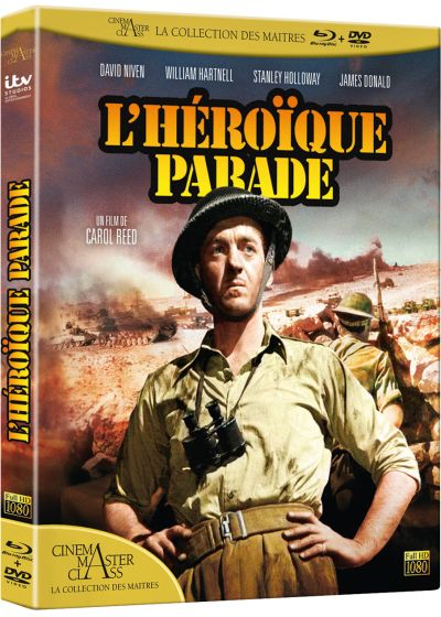 Couverture DVD du film 'L'Héroïque Parade'. Un homme en uniforme devant une scène de guerre. Texte avec noms d'acteurs et titre du film.