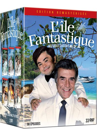 DVD-boxset van L'Île Fantastique met twee mannen in witte pakken, een strandachtergrond en de titel van de show.