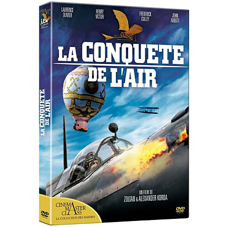 Couverture DVD avec avion, montgolfière et biplan sur fond de ciel bleu. Titre: La Conquete de l'Air. Noms des acteurs visibles.
