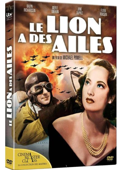 Filmposter: Man in pilotenkleding, vrouw in zwarte jurk, en titel "Le Lion a des Ailes" met vliegtuigen op de achtergrond.