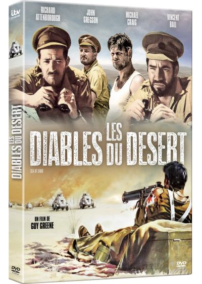 Affiche de film : soldats dans le désert, titre 'Les Diables du Desert'. Noms des acteurs en haut. Un soldat tire à la mitrailleuse.