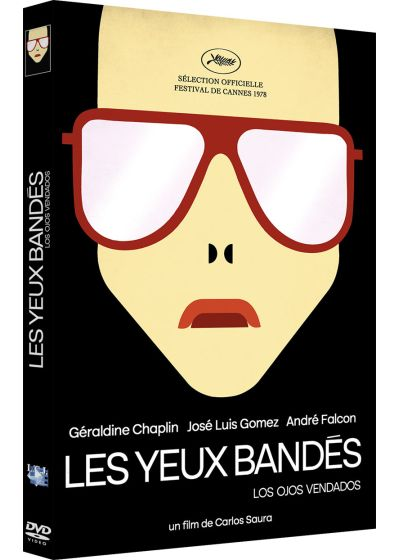 Couverture DVD du film 'Les Yeux Bandés'. Comprend un visage avec de grandes lunettes rouges et du texte en français et espagnol.