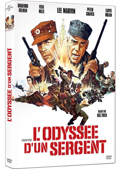 Affiche de film, deux hommes avec des armes, scène de guerre en bas. Texte rouge 'L'ODYSSEE D'UN SERGENT'. Acteurs : Marvin, Miles, Graves, Nolan.