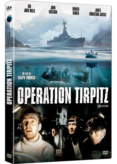 Couverture DVD de 'Operation Tirpitz' avec un navire de guerre, des plongeurs et des acteurs. Le titre du film et les noms des acteurs sont affichés.