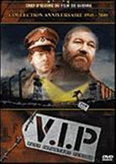 Affiche de film. Deux hommes en uniforme, une étiquette avec le texte V.I.P. Le fond montre un homme courant sous un projecteur.