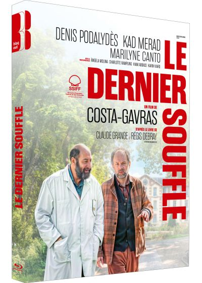 Filmposter, twee mannen lopen, titel 'Le Dernier Souffle'. Acteurs Denis Podalydès, Kad Merad, Marilyne Canto. Film van Costa-Gavras.