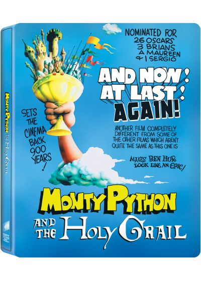 DVD-hoes van Monty Python and the Holy Grail. Een hand houdt een kelk met een kasteel. Tekst: And Now! At Last! Again!