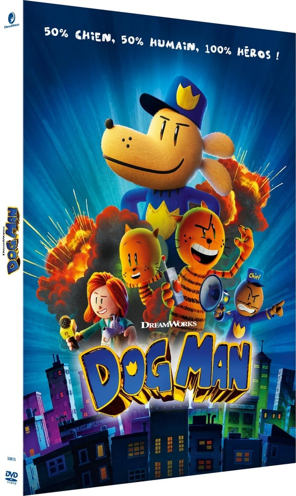 Filmposter van Dog Man. Een hybride superheld van hond-mens staat centraal. Er zijn ook andere personages en explosies aanwezig.