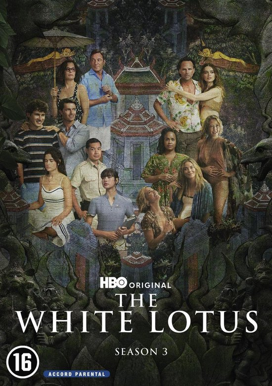 Poster voor The White Lotus, seizoen 3, toont een groep mensen. Tekst: HBO Original. The White Lotus. Seizoen 3. Beoordeling: 16.