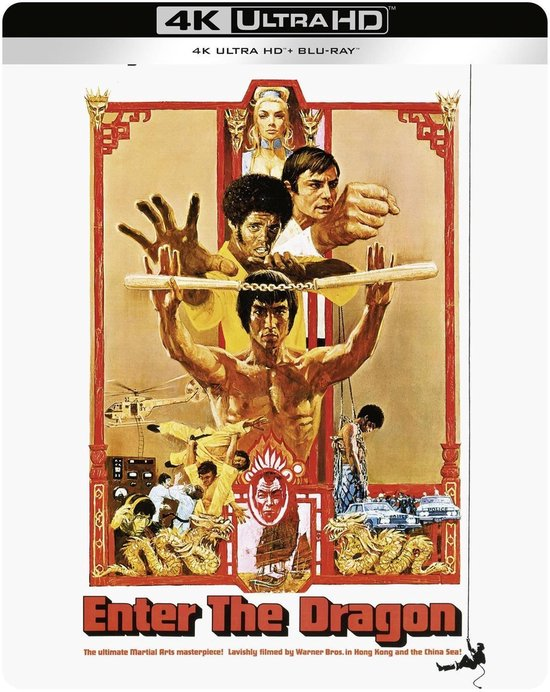 Filmposter voor 'Enter the Dragon'. Bruce Lee met nunchaku's, omringd door actiescènes, draken en een helikopter. Tekst: 4K Ultra HD.