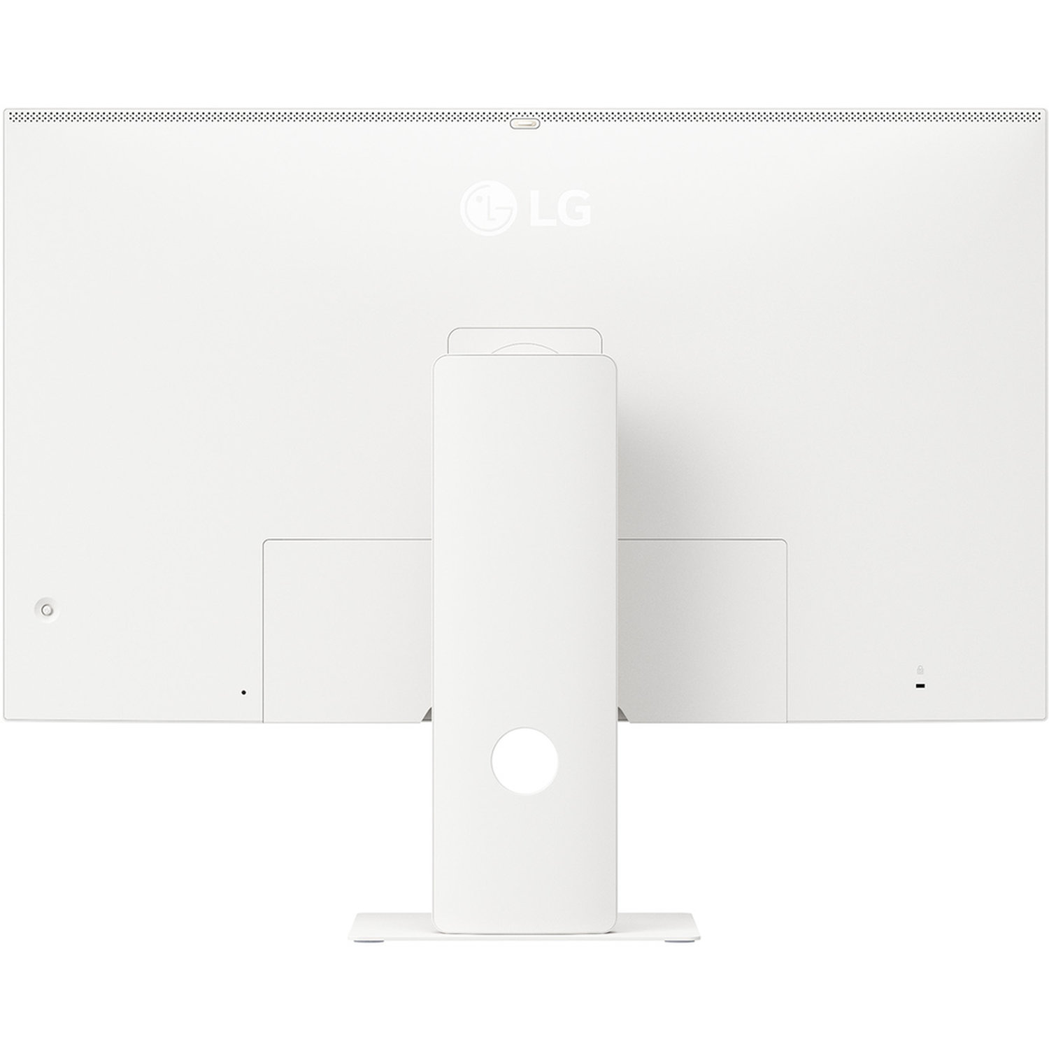 A white computer monitor with the LG logo. The monitor is on a white stand. The back of the monitor is visible.