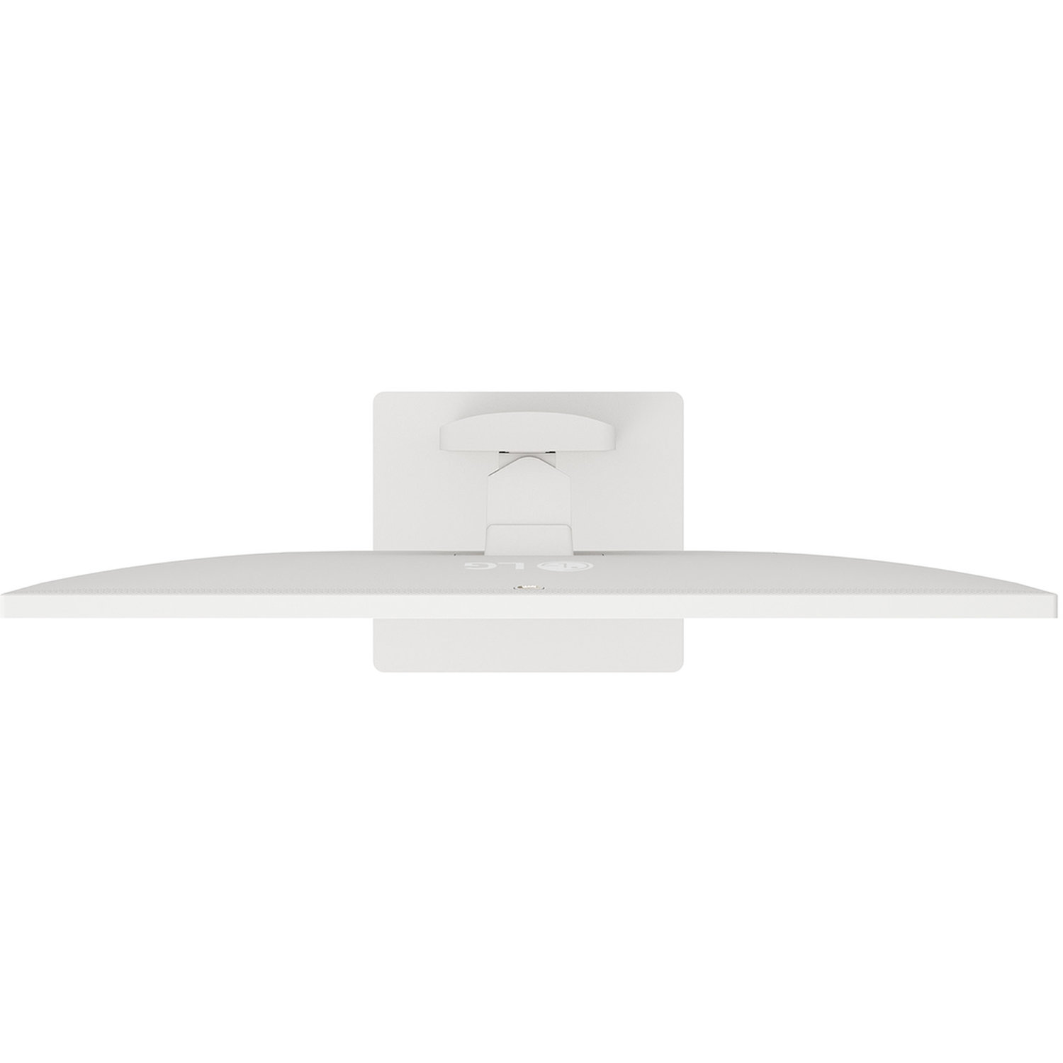 Overhead view of a white computer monitor. The screen is curved. The stand is white as well.