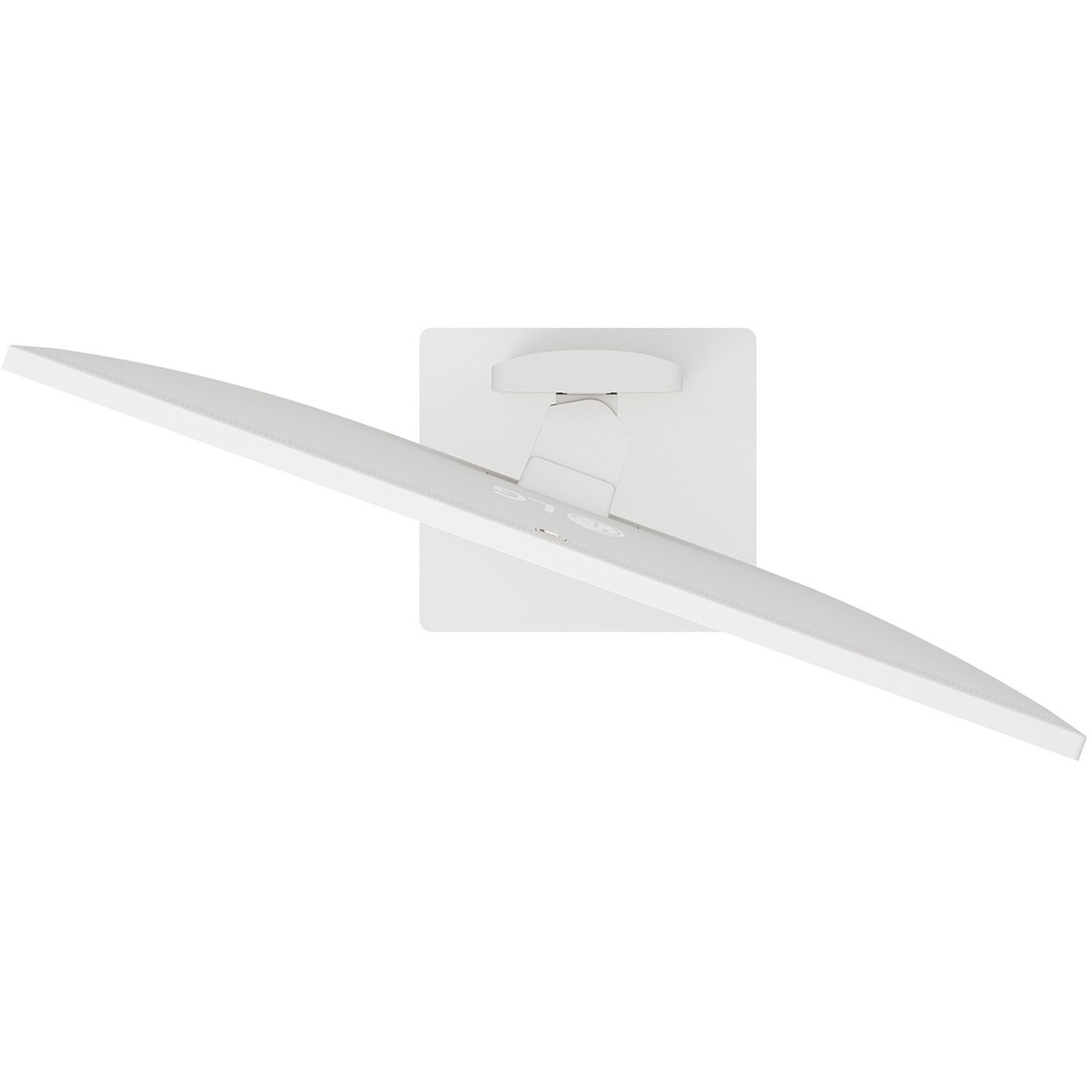 Overhead view of a white computer monitor. The screen is elongated and angled up, revealing a stand and base.