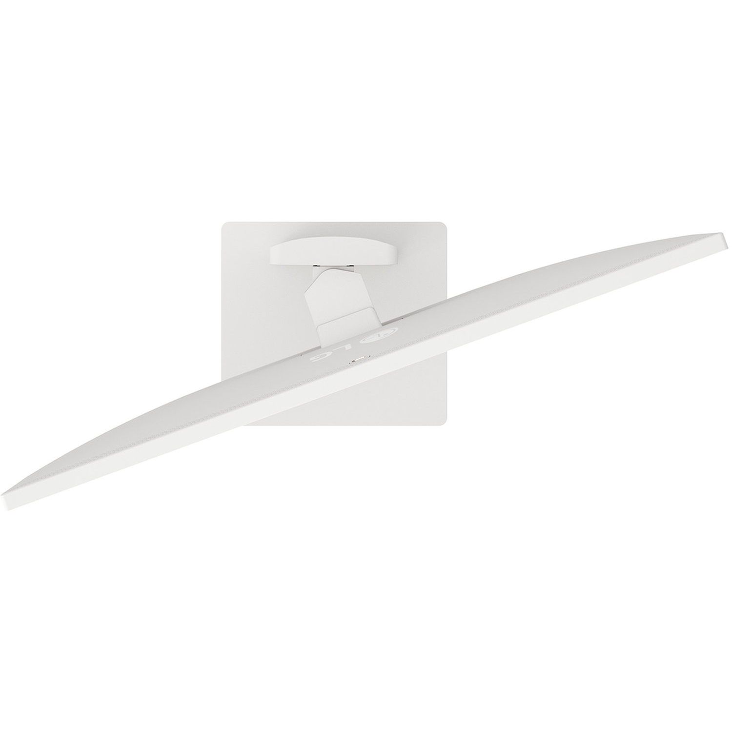 Top-down view of a white LG monitor. The screen is angled upwards, with a white base and stand. White background.