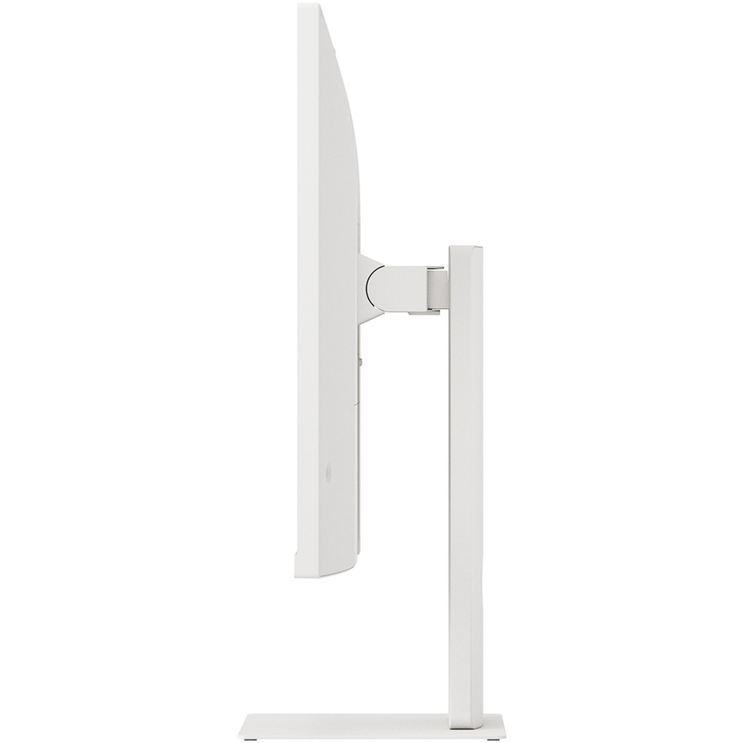 Side view of a white computer monitor. It has a rectangular screen with a stand. The stand is also white and has a square base.
