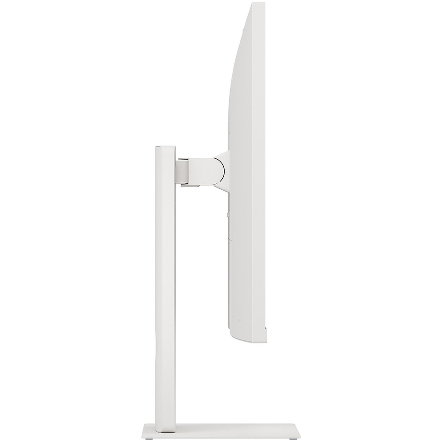 Side view of a white computer monitor. It has a rectangular screen with a stand. The background is plain white.