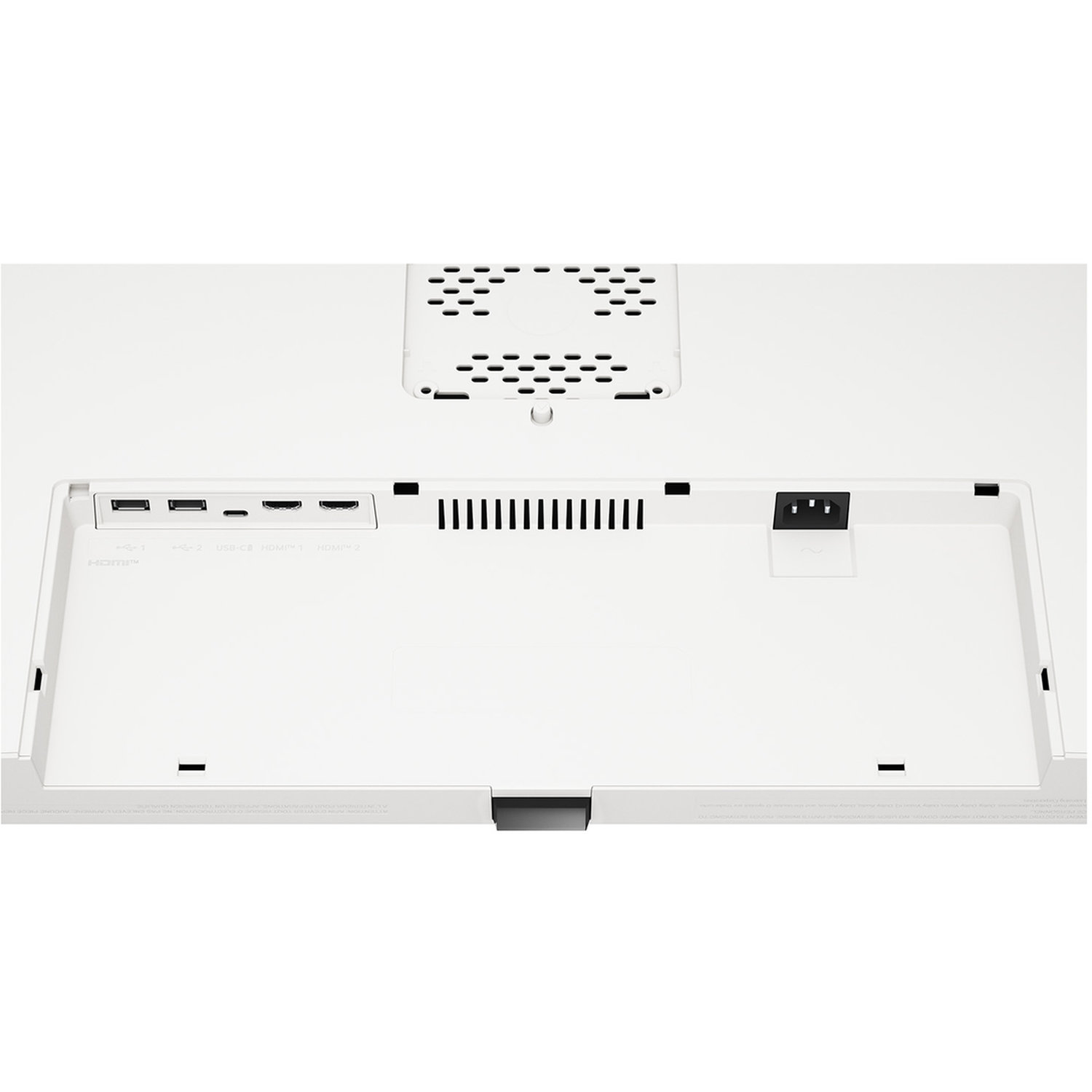 White monitor back with ports, vents, and power input. Includes USB, HDMI, and power connections.