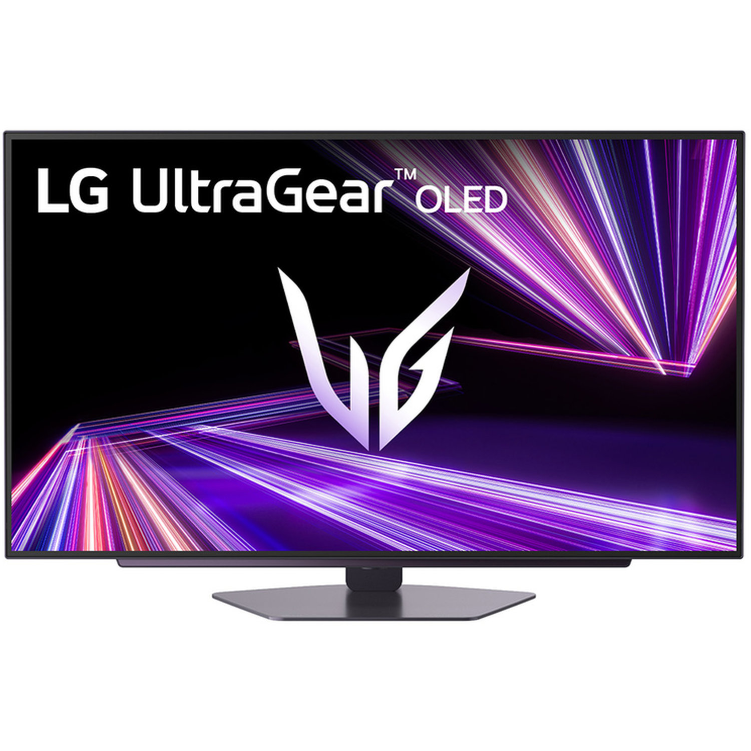 LG UltraGear OLED TV. Black screen with white logo and purple light trails. The TV is on a gray stand.