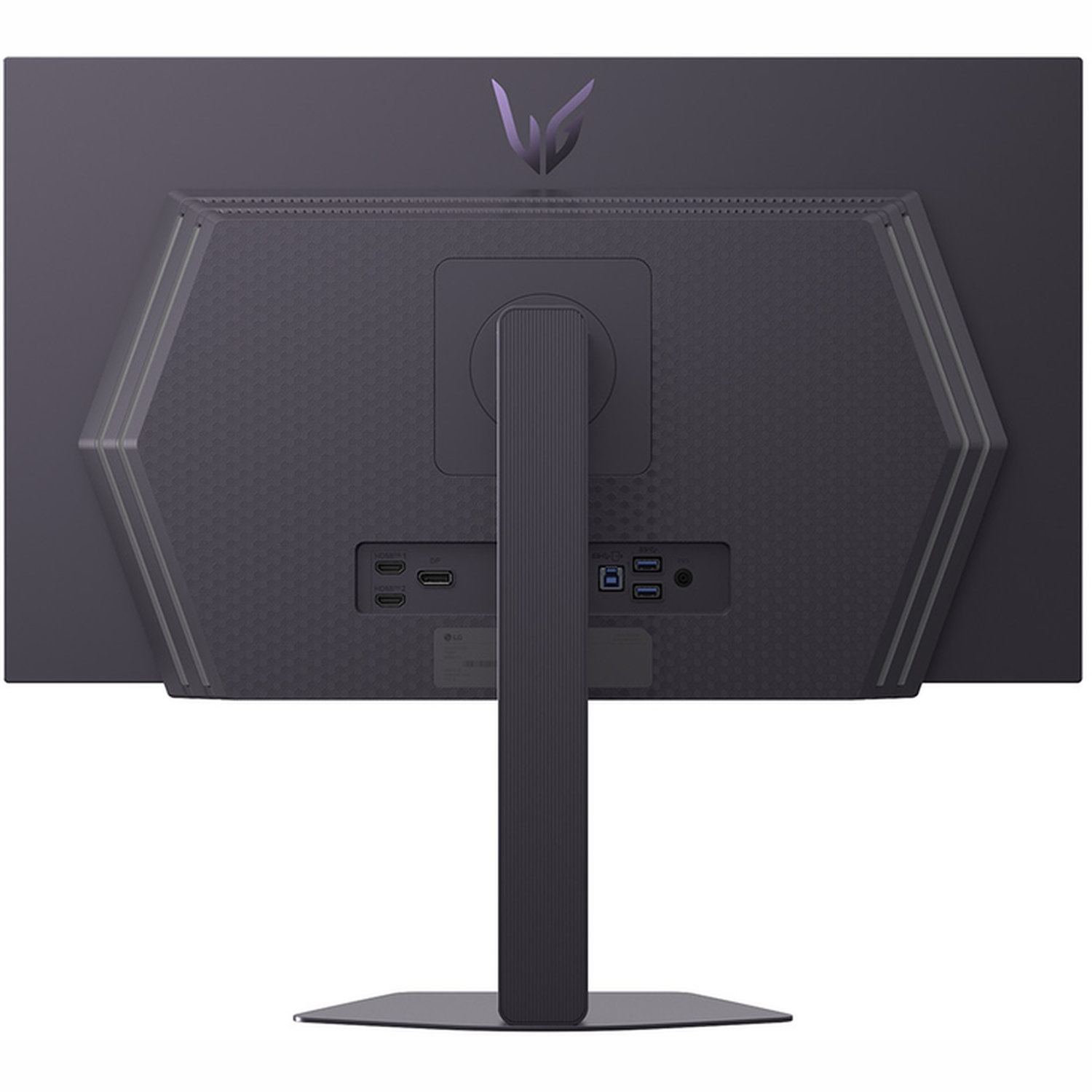 Back of a monitor, dark gray with purple accents. Ports are visible. The stand is attached to the monitor.