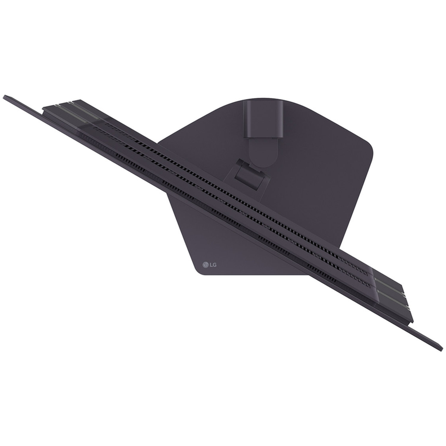 A dark gray monitor stand, angled upward. It has a triangular base with the LG logo and a long, slotted arm.