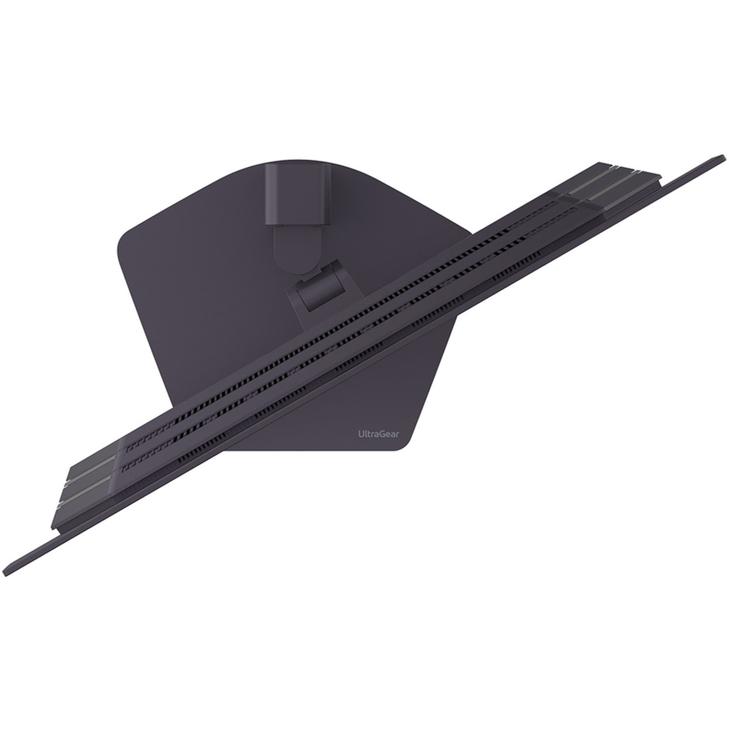 A dark monitor stand, angled upward. It has a flat base with a support arm and a slotted section for the monitor.