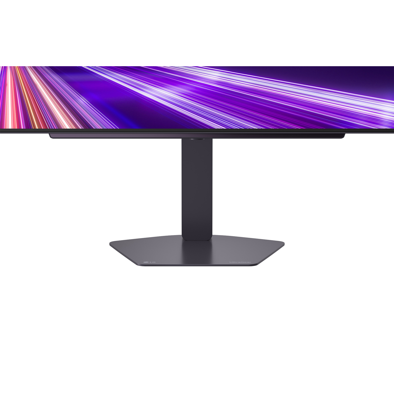 A dark monitor with a purple and white abstract background. It has a stand with a base and a supporting arm. The background is white.