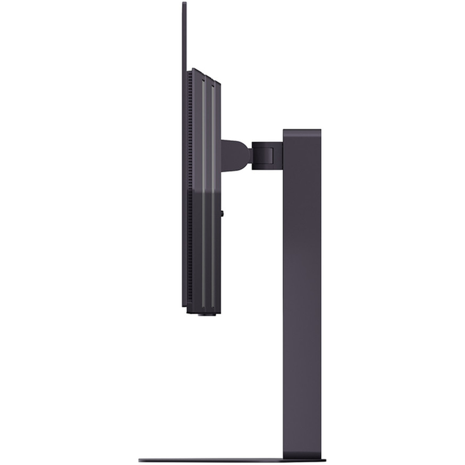Side view of a dark gray computer monitor on a stand. The monitor is thin, with a rectangular screen and a dark frame.