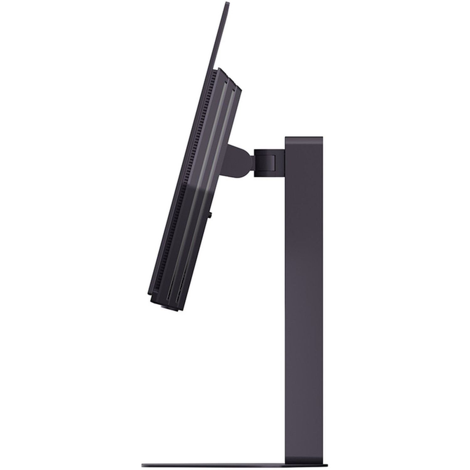 A dark monitor is tilted, connected to a vertical stand. The stand is rectangular. The background is white.