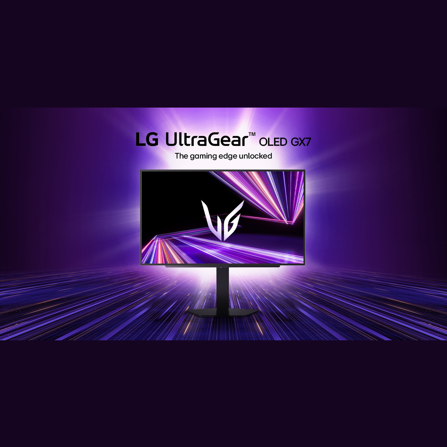 An LG UltraGear OLED GX7 monitor with a black stand on a purple background with light streaks. The screen displays a logo.