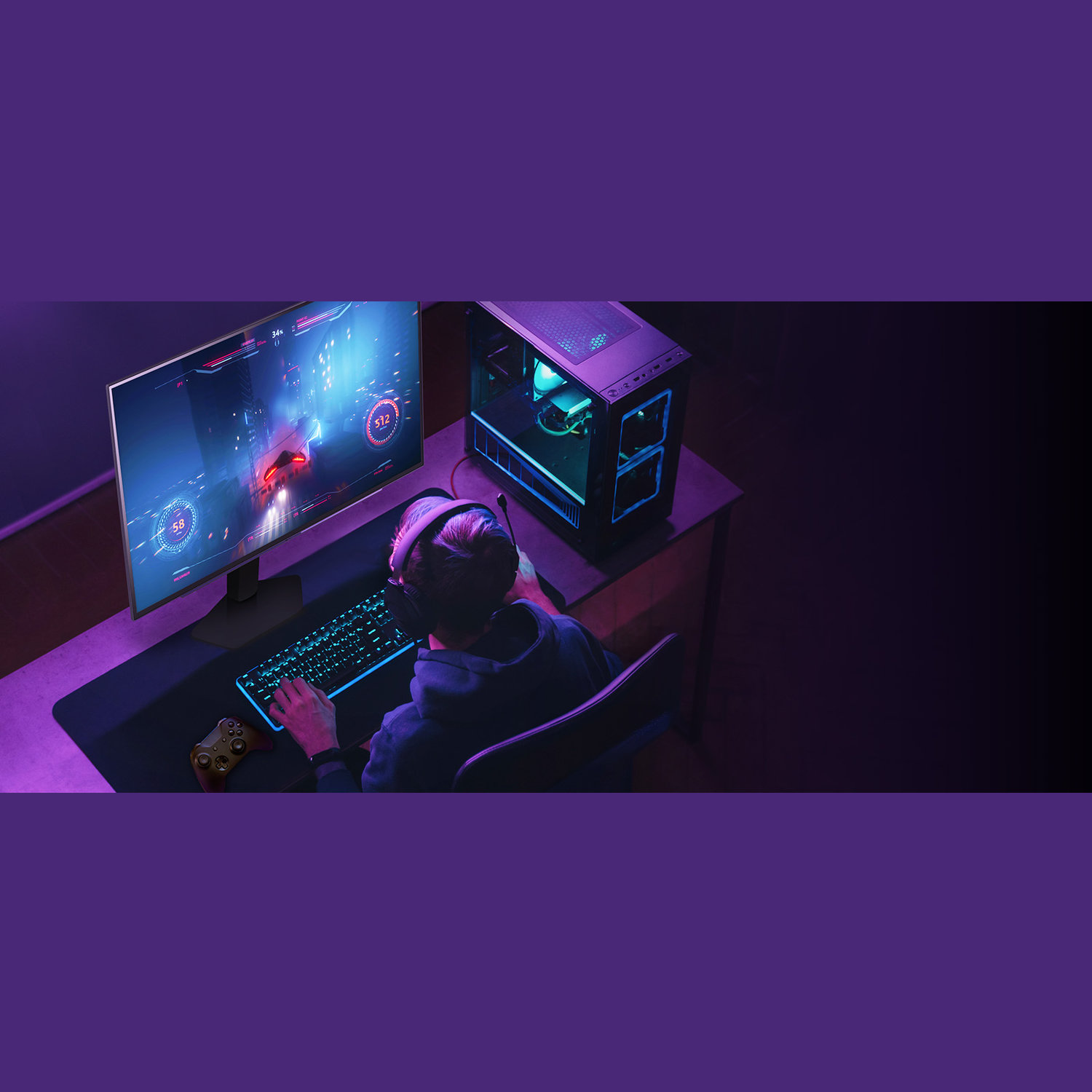 A person is gaming, illuminated by blue light. A computer monitor, keyboard, and gaming PC are visible. The scene has a purple hue.