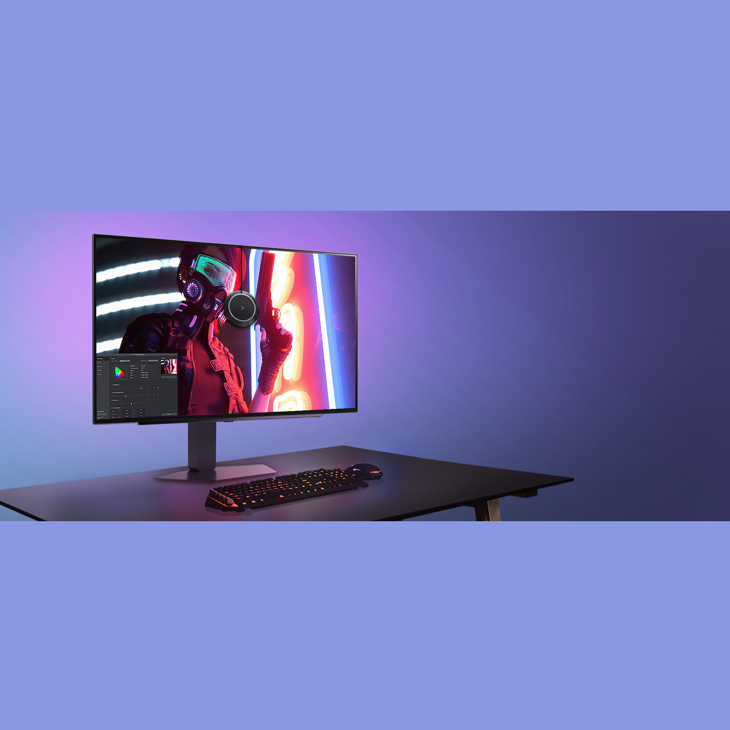 Monitor displays a person in a gas mask. Keyboard and mouse sit on a desk. The background is gradient blue and purple.