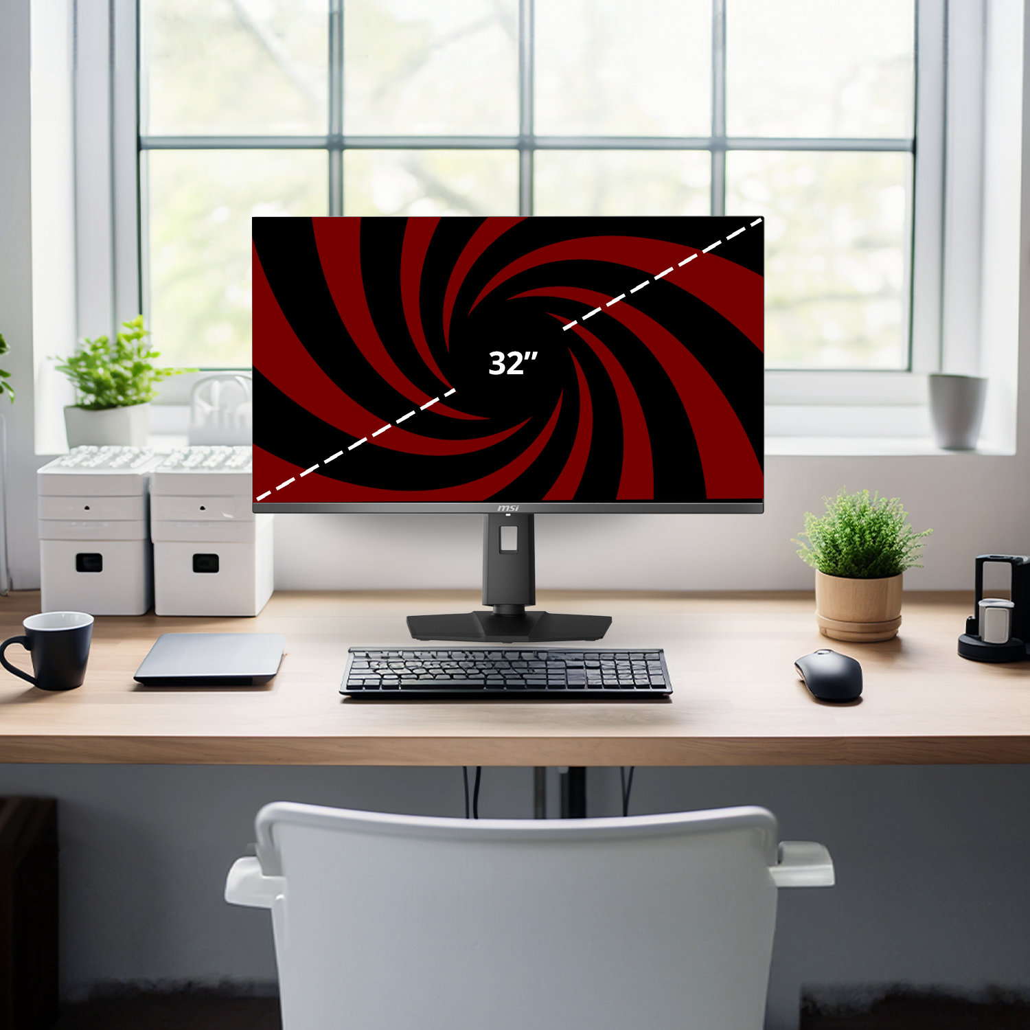 A computer monitor displays a red and black swirl pattern. A keyboard, mouse, and other office items sit on a wooden desk.
