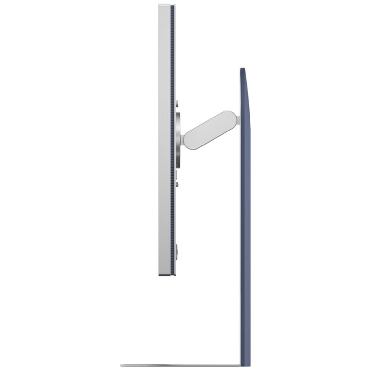 Side view of a computer monitor. It has a silver frame, a dark blue back and stand, and a white adjustable arm.