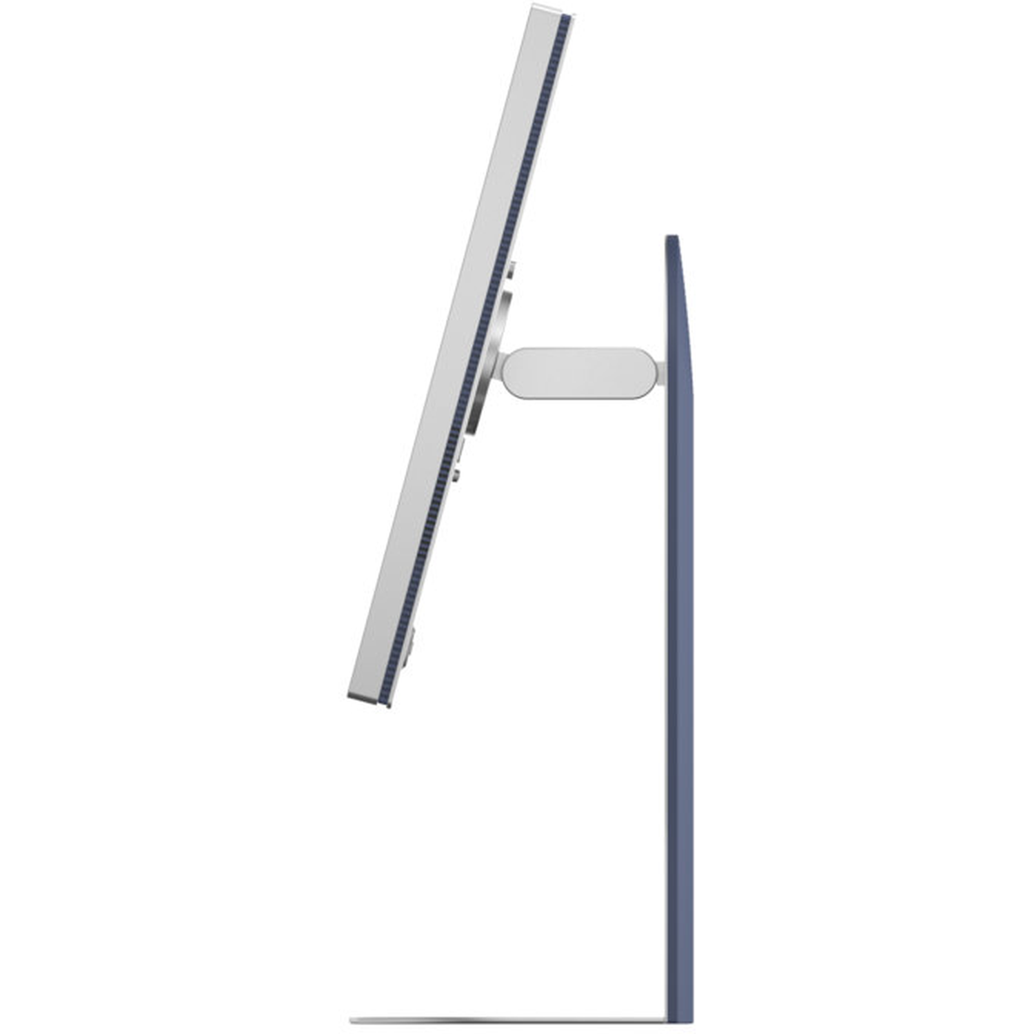 Side view of a computer monitor with a silver screen and a blue stand. The screen is angled. The background is white.