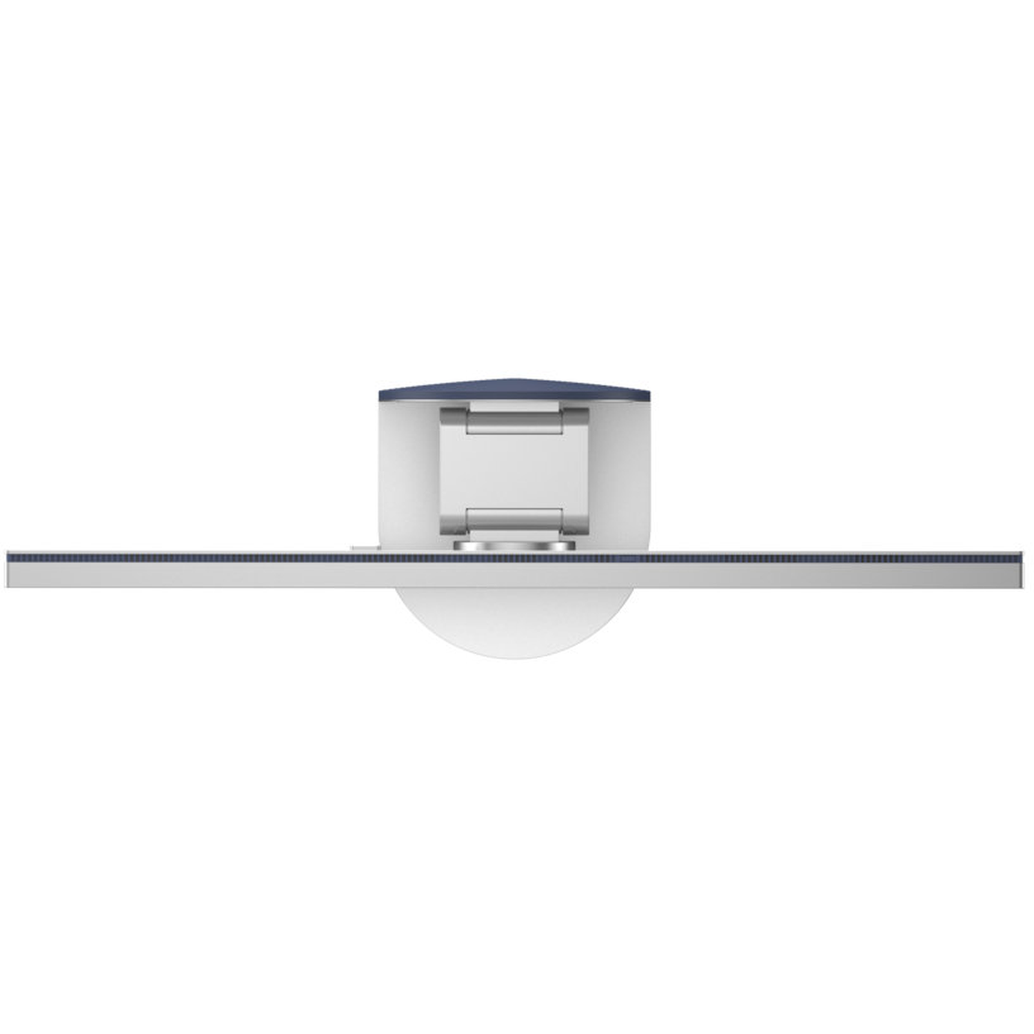 Top view of a white monitor with a dark blue top, a thin horizontal bar, and a curved base, all against a white background.
