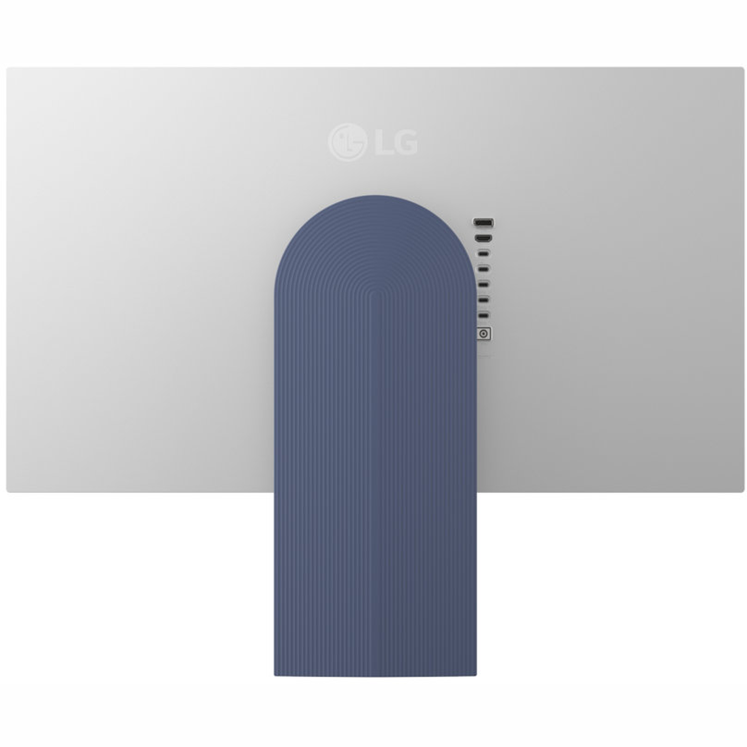 The back of a white LG monitor with a blue stand. Ports are visible on the right. The LG logo is on the top.