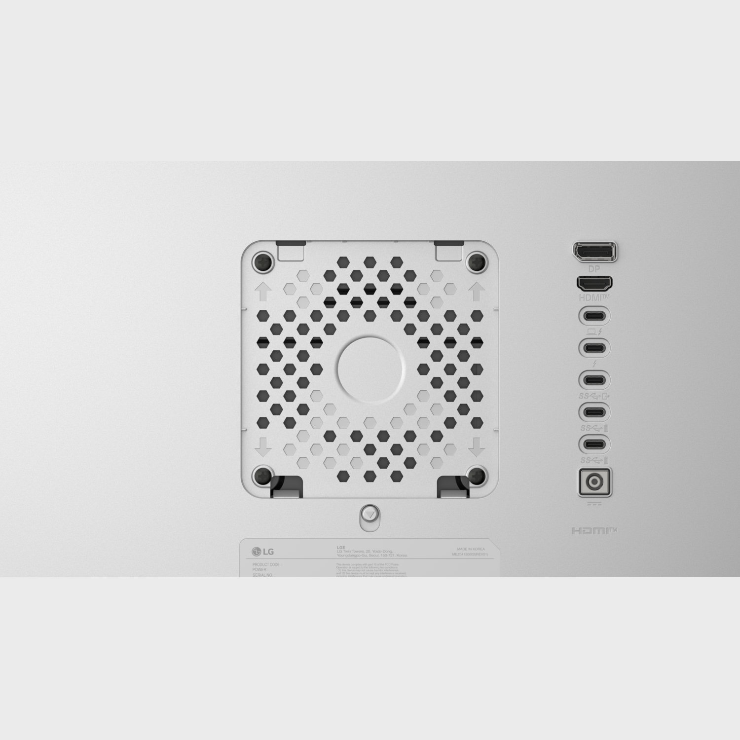 The back of a white monitor with ports like HDMI, DP and USB-C. It has an LG logo and a honeycomb-patterned vent.