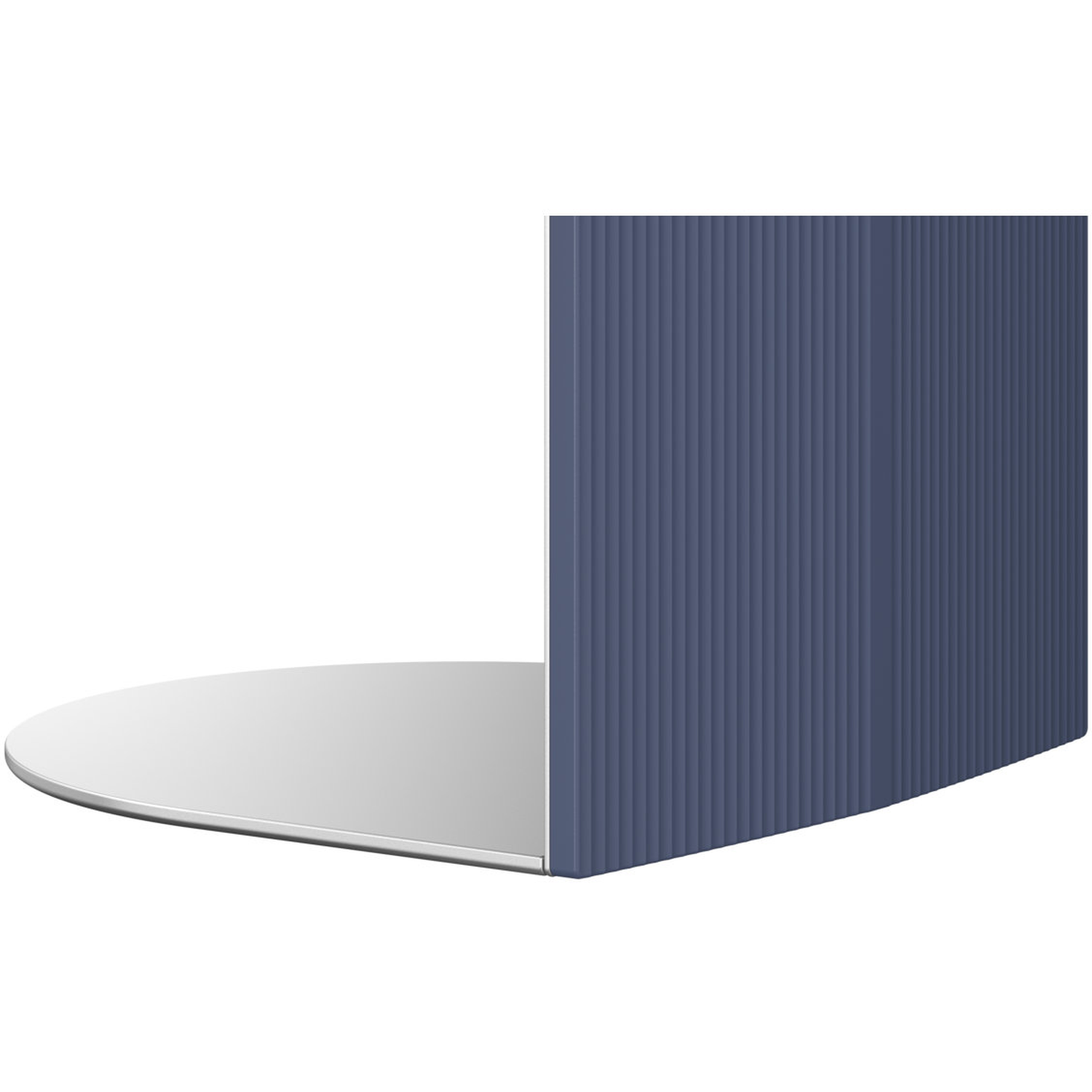 A modern curved bookend. A blue vertically ribbed panel and a silver, half-moon shaped base.